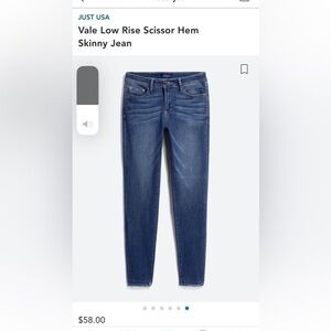 Like New Just USA Vale Low Rise Blue Skinny Jeans size 29